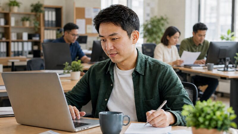 Content and operations staff member working at a desk