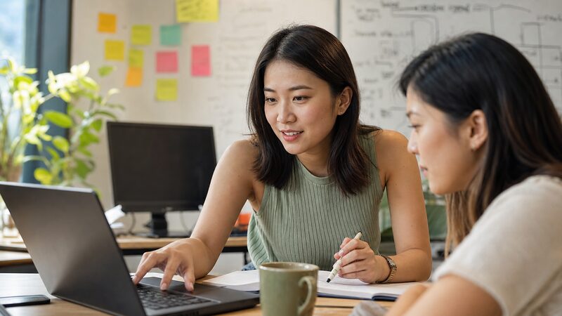 Marketing team working together at a laptop