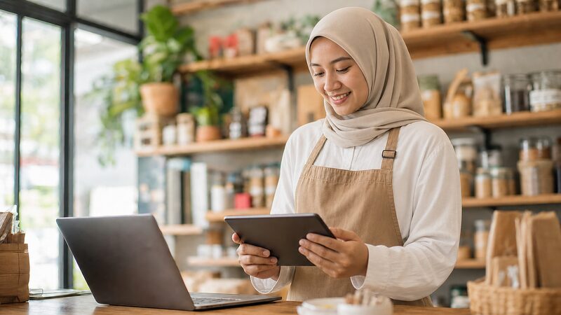 Malaysian business owner reviewing figures on a tablet in her shop