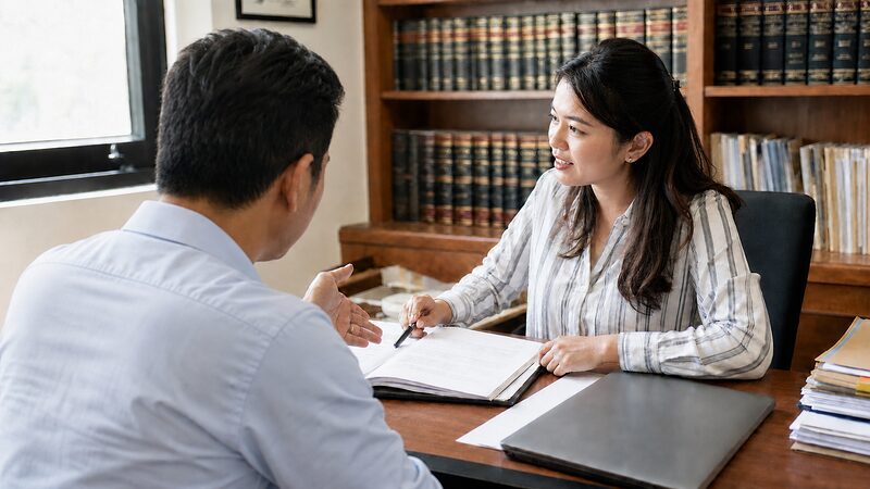 Two professionals discussing a document in an office